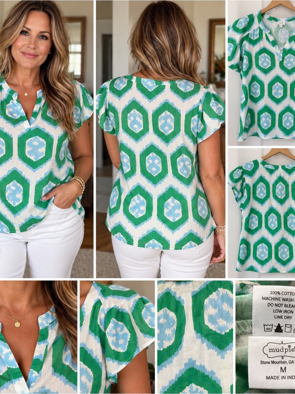 Mud Pie Green and Blue Ikat-Style V-Neck Blouse
